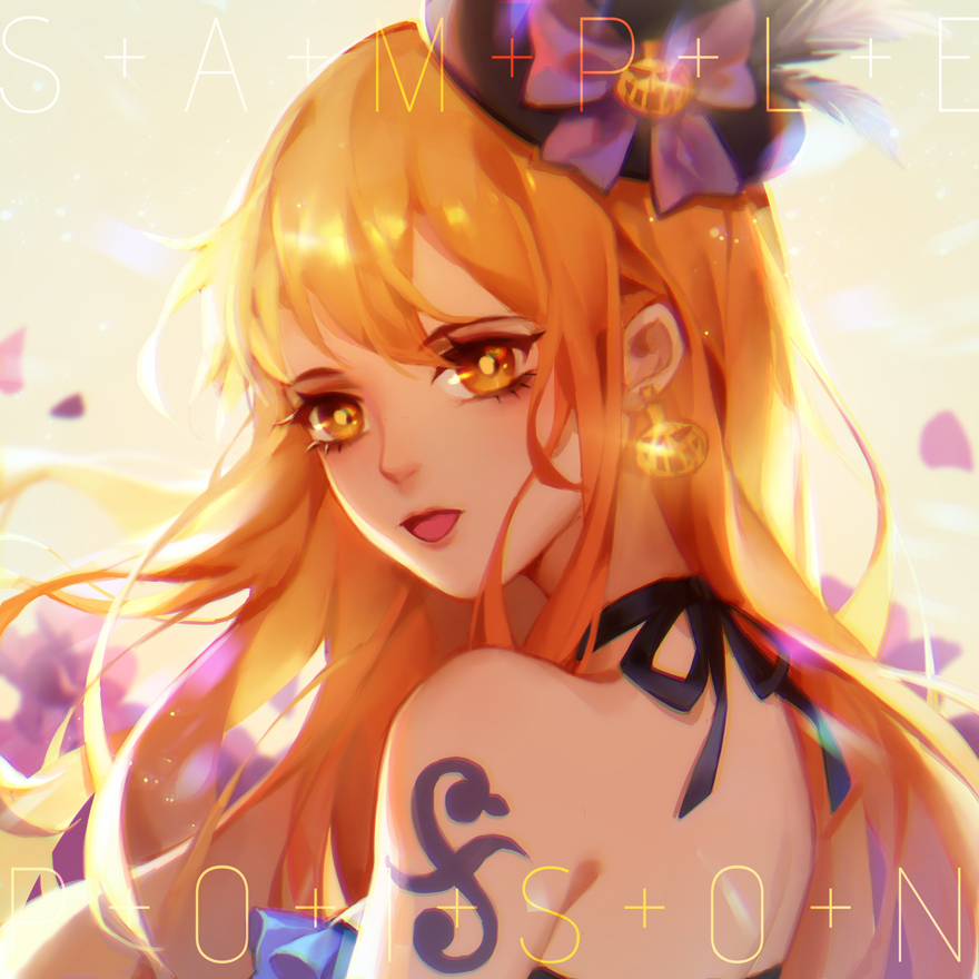 1girl bare_shoulders breasts dress dywx_poison earrings hat hat_ribbon jewelry large_breasts long_hair looking_at_viewer mini_hat nami_(one_piece) one_piece open_mouth orange_eyes orange_hair ribbon shoulder_tattoo smile solo tattoo
