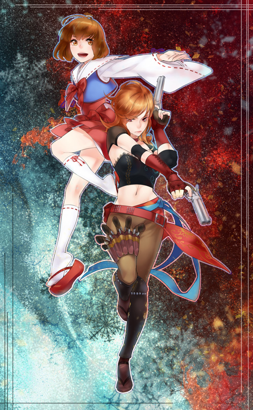 2girls brown_eyes brown_hair dual_wielding geta gun handgun holding holster japanese_clothes midriff multiple_girls revolver saika_magoichi_(sengoku_basara) sash sengoku_basara short_hair siruphial tabi thigh_holster tsuruhime weapon