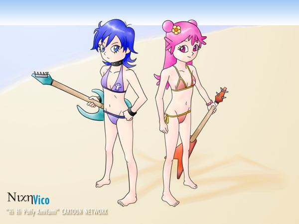 2girls ami_onuki artist_name barefoot beach bikini guitar hi_hi_puffy_amiyumi looking_at_viewer nixnvico swimsuit water yumi_yoshimura