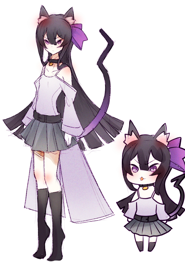 1girl animal_ears bangs bare_shoulders bell bell_collar belt black_hair black_legwear blush cat_ears cat_girl cat_tail chibi clothing_cutout cluseller collar collarbone ear_blush eyebrows_visible_through_hair flat_chest full_body grey_skirt hair_ribbon jingle_bell kneehighs long_hair long_sleeves miniskirt multiple_views original pleated_skirt purple_ribbon ribbon shirt shoulder_cutout sidelocks simple_background sketch skirt spaghetti_strap standing tail tiptoes very_long_hair violet_eyes white_background white_shirt