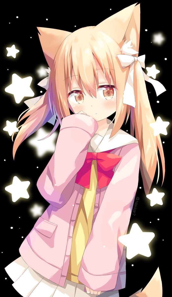 1girl animal_ear_fluff animal_ears bangs black_background blush bow brown_eyes closed_mouth commentary_request eyebrows_visible_through_hair hair_between_eyes hair_bow hand_up highres jacket light_brown_hair long_hair long_sleeves looking_at_viewer miike-chan nakkar open_clothes open_jacket original pink_jacket pleated_skirt red_bow sailor_collar shirt simple_background skirt sleeves_past_wrists solo star_(symbol) tail twintails white_bow white_sailor_collar white_skirt yellow_shirt
