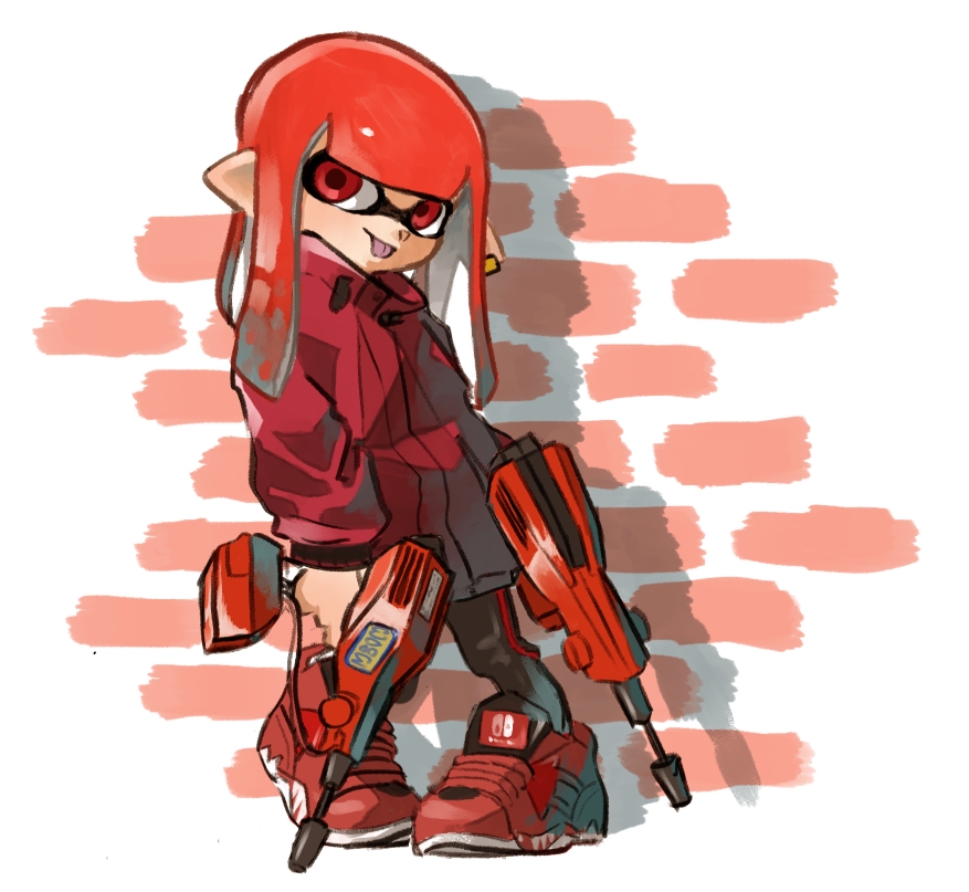 1girl closed_mouth domino_mask dual_squelcher_(splatoon) full_body holding inkling jewelry long_hair long_sleeves mask nishikuromori pigeon-toed pointy_ears red_eyes red_footwear redhead shoes single_earring single_vertical_stripe smile sneakers solo splatoon_(series) splatoon_2 standing tentacle_hair tongue tongue_out