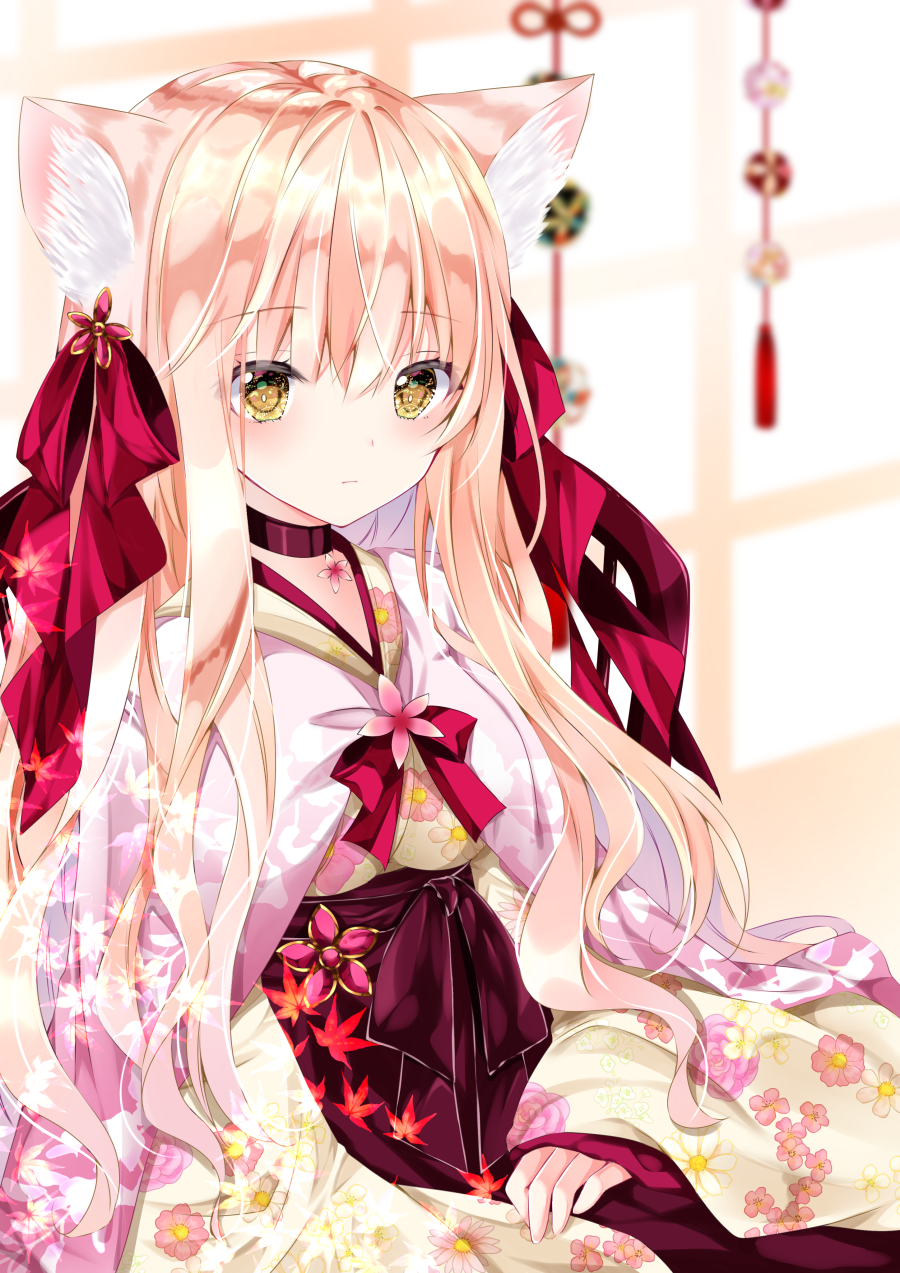 1girl animal_ear_fluff animal_ears bangs blurry blurry_background blush bow cat_ears closed_mouth commentary_request depth_of_field eyebrows_visible_through_hair floral_print flower hair_between_eyes hair_bow hair_flower hair_ornament hakama highres japanese_clothes kimono light_brown_hair long_hair long_sleeves looking_at_viewer nanase_kureha nanase_nao original pink_kimono print_kimono purple_hakama red_bow red_flower sitting sleeves_past_wrists solo very_long_hair wide_sleeves yellow_eyes