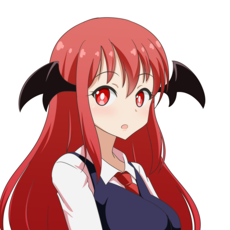 1girl :o bangs bat_wings black_vest bright_pupils cato_(monocatienus) commentary_request eyebrows_visible_through_hair head_wings koakuma long_hair looking_at_viewer necktie red_eyes red_neckwear redhead shirt simple_background solo touhou upper_body vest white_background white_pupils white_shirt wing_collar wings