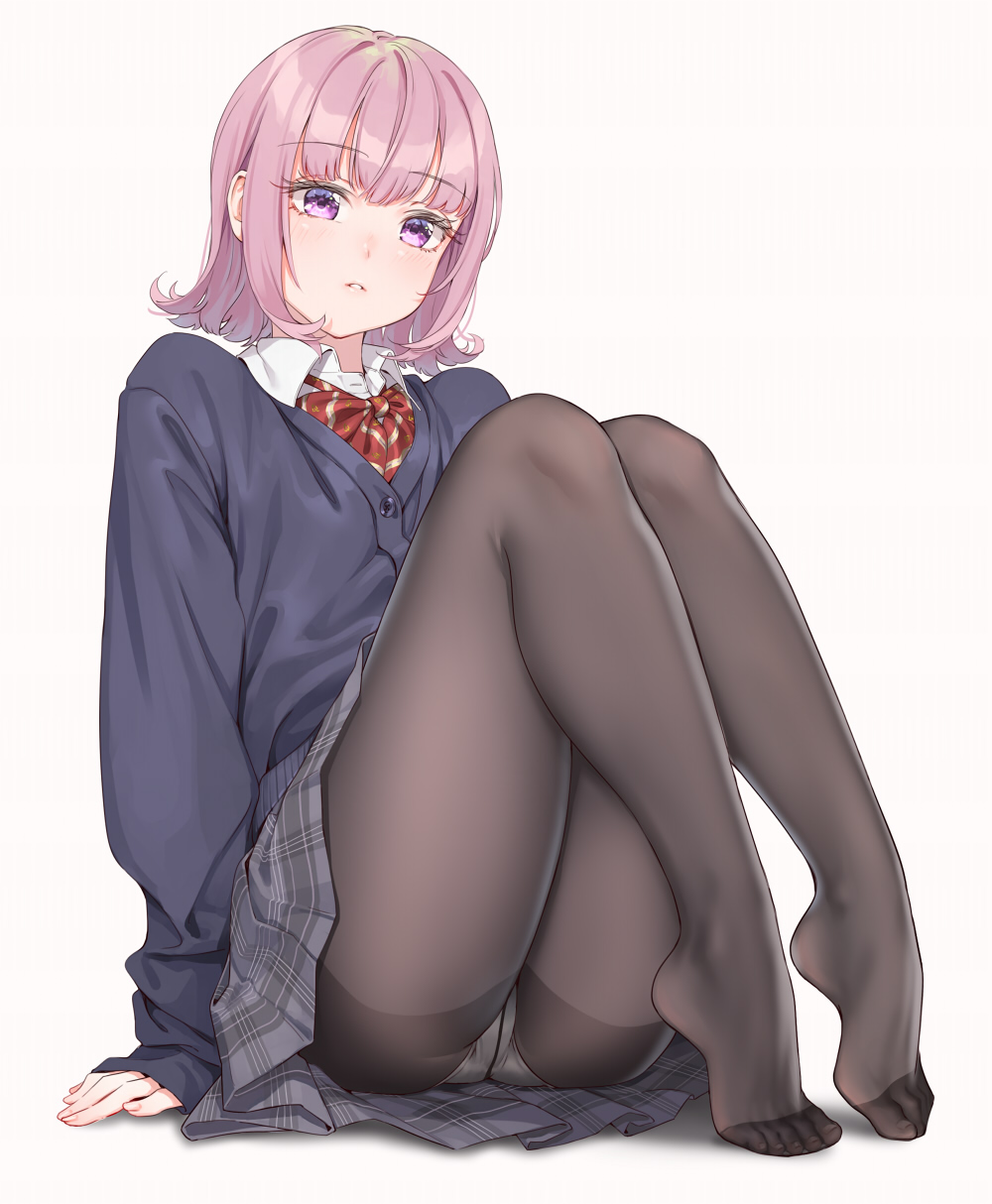 1girl black_legwear blazer crotch_seam fangxiang_cuoluan feet full_body highres jacket looking_at_viewer medium_hair original panties panties_under_pantyhose pantyhose pink_eyes pink_hair pleated_skirt school_uniform serafuku skirt solo sweater underwear white_panties