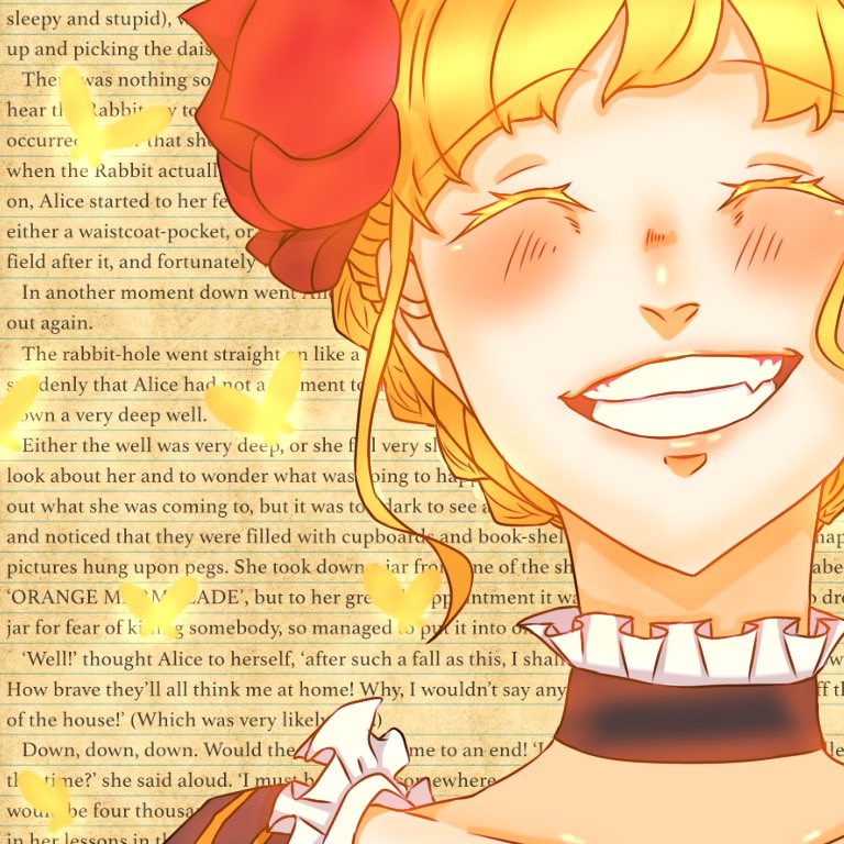 1girl beatrice_(umineko) blonde_hair braid braided_bun choker closed_eyes collarbone dress english_text flower frilled_choker frilled_dress frills hair_flower hair_ornament kamenonn_339 smile solo teeth umineko_no_naku_koro_ni yellow_butterfly