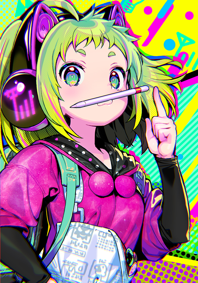 1girl :3 ahoge antenna_(dohna_dohna) backpack bag blush cat_ear_headphones commentary_request dohna_dohna green_eyes green_hair headphones hood hoodie index_finger_raised long_sleeves looking_at_viewer official_art overalls pen pink_hoodie short_eyebrows short_hair shunin solo upper_body