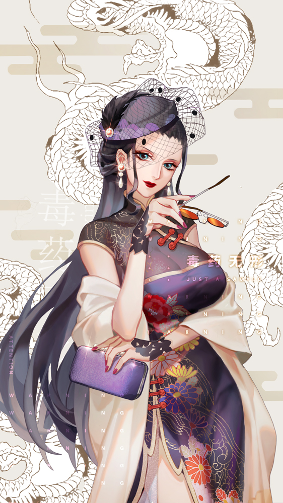 1girl black_hair blue_eyes breasts china_dress chinese_clothes dress dywx_poison earrings eyewear_removed floral_print hat holding holding_eyewear holding_purse huge_breasts jewelry lipstick long_hair looking_at_viewer makeup nico_robin one_piece purple_dress shawl side_slit sleeveless smile solo