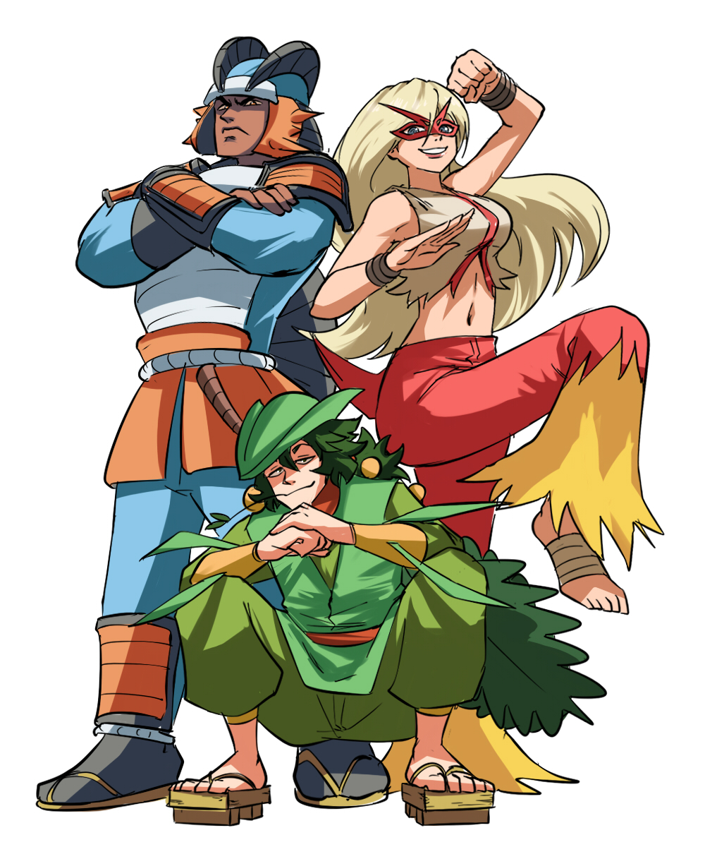 1girl 2boys armor bandaged_feet bandages bare_arms bare_shoulders barefoot behind_another blaziken blonde_hair blue_eyes bracer closed_mouth commentary cropped_shirt dark_skin dark_skinned_male english_commentary eye_mask floating_hair full_body gen_3_pokemon geta green_eyes grin half-closed_eyes helmet highres knee_up long_hair looking_at_viewer mask midriff mouth_hold multiple_boys navel orange_eyes pants personification pokemon pokemon_(game) pokemon_rse pose sceptile serious shirt shoulder_armor simple_background sleeveless sleeveless_shirt smile squatting standing stomach swampert tail tina_fate toes very_long_hair vest white_background wristband