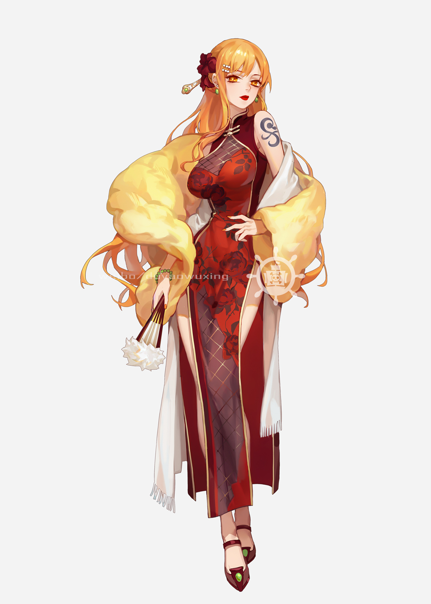 1girl bangs bare_shoulders bracelet breasts china_dress chinese_clothes dress dywx_poison earrings fan full_body hair_ornament hand_on_hip highres holding holding_fan jewelry large_breasts lipstick long_hair makeup nami_(one_piece) one_piece orange_eyes orange_hair red_dress red_footwear red_lipstick shawl shoulder_tattoo side_slit simple_background sleeveless smile solo tattoo