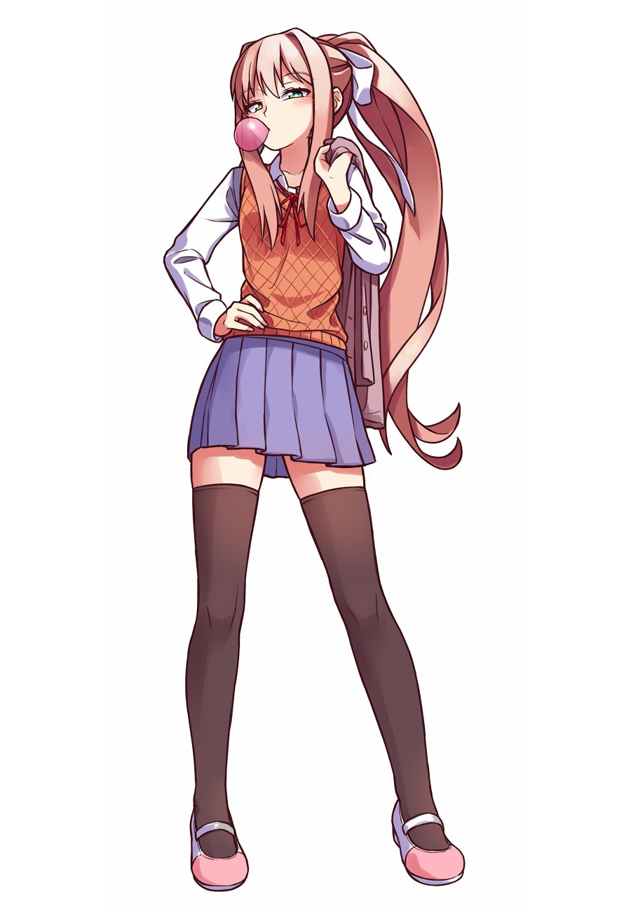 1girl bangs black_legwear blue_skirt brown_hair bubble_blowing chewing_gum commentary commission doki_doki_literature_club english_commentary eyebrows_visible_through_hair full_body green_eyes hair_ribbon hand_on_hip highres holding holding_clothes holding_jacket jacket jacket_removed legs_apart lirilias long_hair long_sleeves looking_at_viewer mary_janes monika_(doki_doki_literature_club) orange_vest pleated_skirt ponytail ribbon school_uniform shirt shoes sidelocks simple_background skirt solo thigh-highs very_long_hair vest white_background white_hair white_shirt zettai_ryouiki