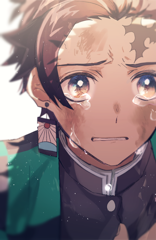 1boy black_hair brown_eyes brown_hair bruise crying crying_with_eyes_open dirty earrings face gakuran glowing glowing_eyes hanafuda happi injury japanese_clothes jewelry kamado_tanjirou kimetsu_no_yaiba looking_at_viewer male_focus open_mouth scar scar_on_face scar_on_forehead school_uniform solo tearing_up tears yuuki_sawano