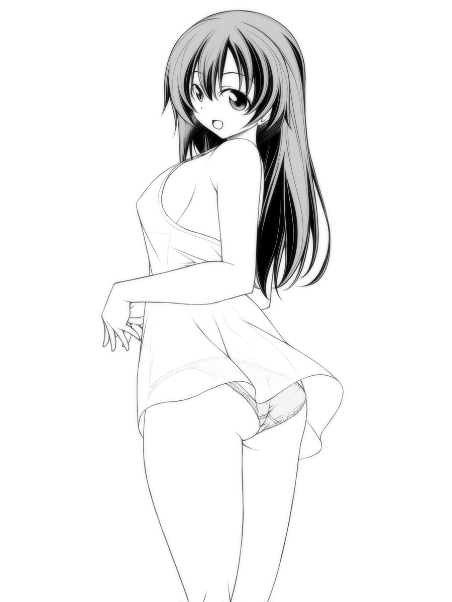 1girl ass bangs breasts commentary_request crotch_seam eyebrows_visible_through_hair from_behind greyscale hands_together highres kikuchi_tsutomu long_hair looking_at_viewer looking_back medium_breasts monochrome no_pants open_mouth original panties shirt sideboob sleeveless sleeveless_shirt smile solo standing underwear