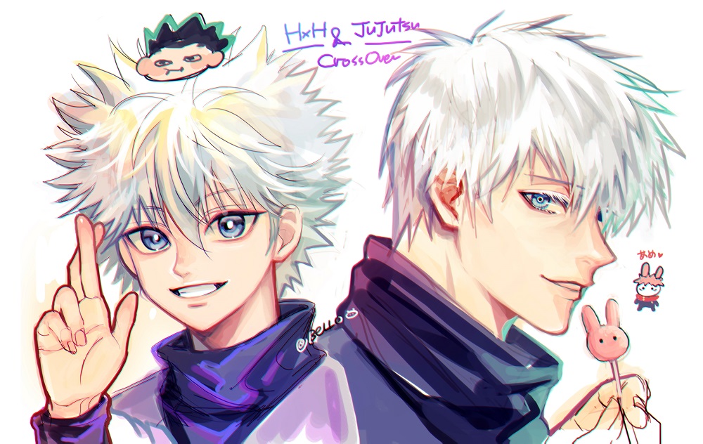 2boys alternate_hairstyle bangs bello_(kurobina_bellon) blue_eyes bright_pupils collar commentary_request copyright_name crossed_fingers crossover english_text gojou_satoru gon_freecss gradient_hair hunter_x_hunter jujutsu_kaisen killua_zoldyck korean_commentary looking_at_viewer male_focus messy_hair multicolored_hair multiple_boys short_hair simple_background smile spiky_hair upper_body white_hair