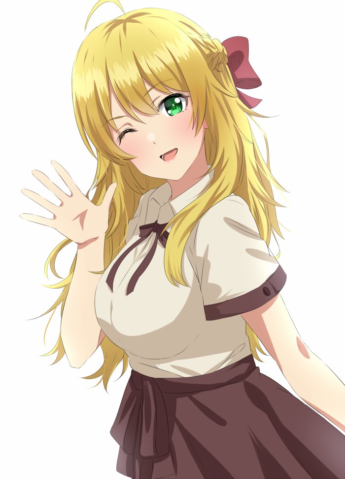 1girl ahoge blonde_hair blush bow braid breasts brown_ribbon brown_skirt green_eyes hair_bow hoshii_miki idolmaster idolmaster_(classic) large_breasts lieass long_hair one_eye_closed open_mouth red_bow ribbon short_sleeves simple_background skirt smile solo tan_shirt upper_body wavy_mouth white_background