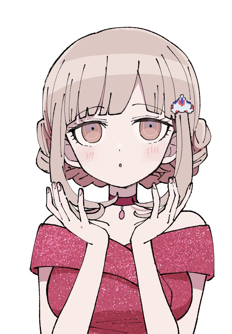 1girl :o alternate_costume bangs bare_shoulders blush braid breasts choker commentary_request dangan_ronpa dress hair_ornament hairclip hands_up light_brown_hair medium_breasts medium_hair nanami_chiaki omochi_ksw pink_choker pink_dress portrait simple_background super_dangan_ronpa_2 white_background