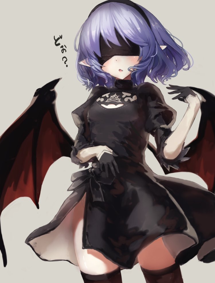 1girl alternate_costume arm_up bangs bat_wings black_blindfold black_dress black_gloves black_headband black_legwear black_ribbon blindfold blush bob_cut breasts chestnut_mouth commentary_request cosplay dress ei_tantan fang feet_out_of_frame gloves grey_background half_gloves headband juliet_sleeves long_sleeves looking_at_viewer medium_breasts nier_(series) nier_automata one_eye_covered open_mouth over-kneehighs pointy_ears puffy_sleeves purple_hair remilia_scarlet ribbon short_hair side_slit silver_hair skin_fang solo standing sword thigh-highs touhou weapon wings yorha_no._2_type_b yorha_no._2_type_b_(cosplay)