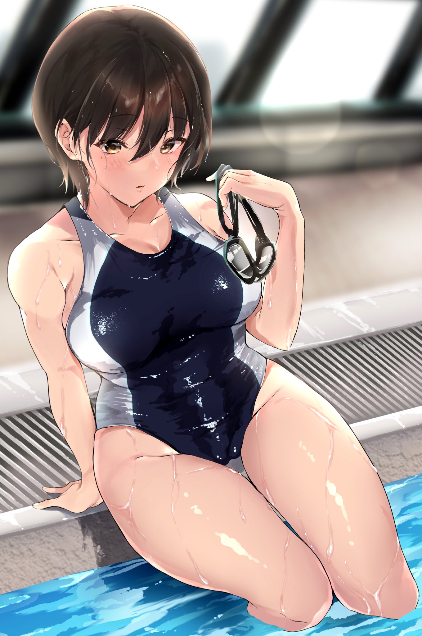 1girl bangs bare_legs black_swimsuit blurry blurry_background breasts brown_eyes brown_hair collarbone commentary competition_swimsuit eyebrows_visible_through_hair goggles highres holding holding_goggles indoors lens_flare medium_breasts one-piece_swimsuit original parted_lips pool poolside short_hair sitting solo swimsuit thighs two-tone_swimsuit wet white_swimsuit window yamakonbu