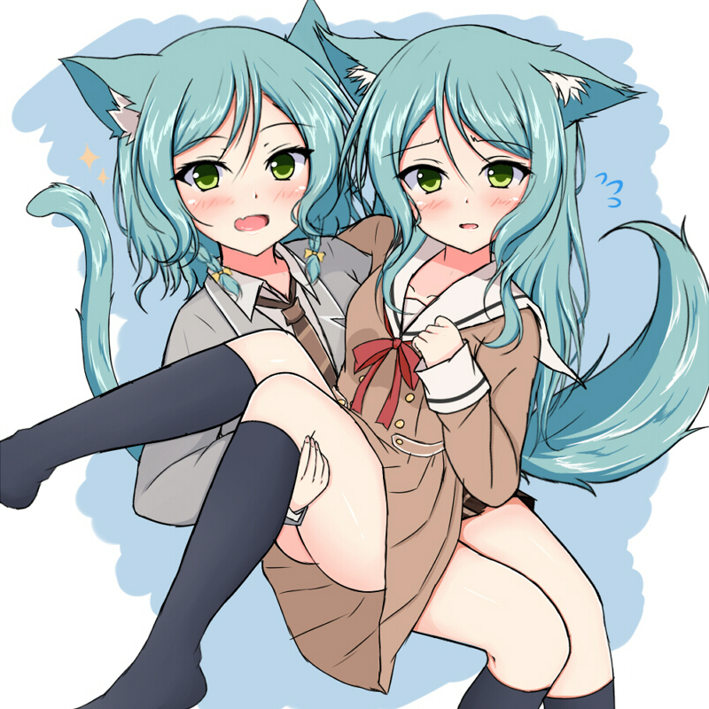 2girls animal_ear_fluff animal_ears bang_dream! black_legwear black_skirt blazer blue_background blush brown_dress brown_neckwear collared_shirt commentary_request diagonal-striped_neckwear diagonal_stripes dress fang flying_sweatdrops green_eyes green_hair grey_jacket hikawa_hina hikawa_sayo jacket kemonomimi_mode kneehighs long_hair looking_at_viewer multiple_girls necktie open_blazer open_clothes open_jacket open_mouth pleated_dress sailor_collar sailor_dress shirt siblings sisters skirt sonosakiburi sparkle striped striped_neckwear tail twins two-tone_background white_background white_sailor_collar white_shirt