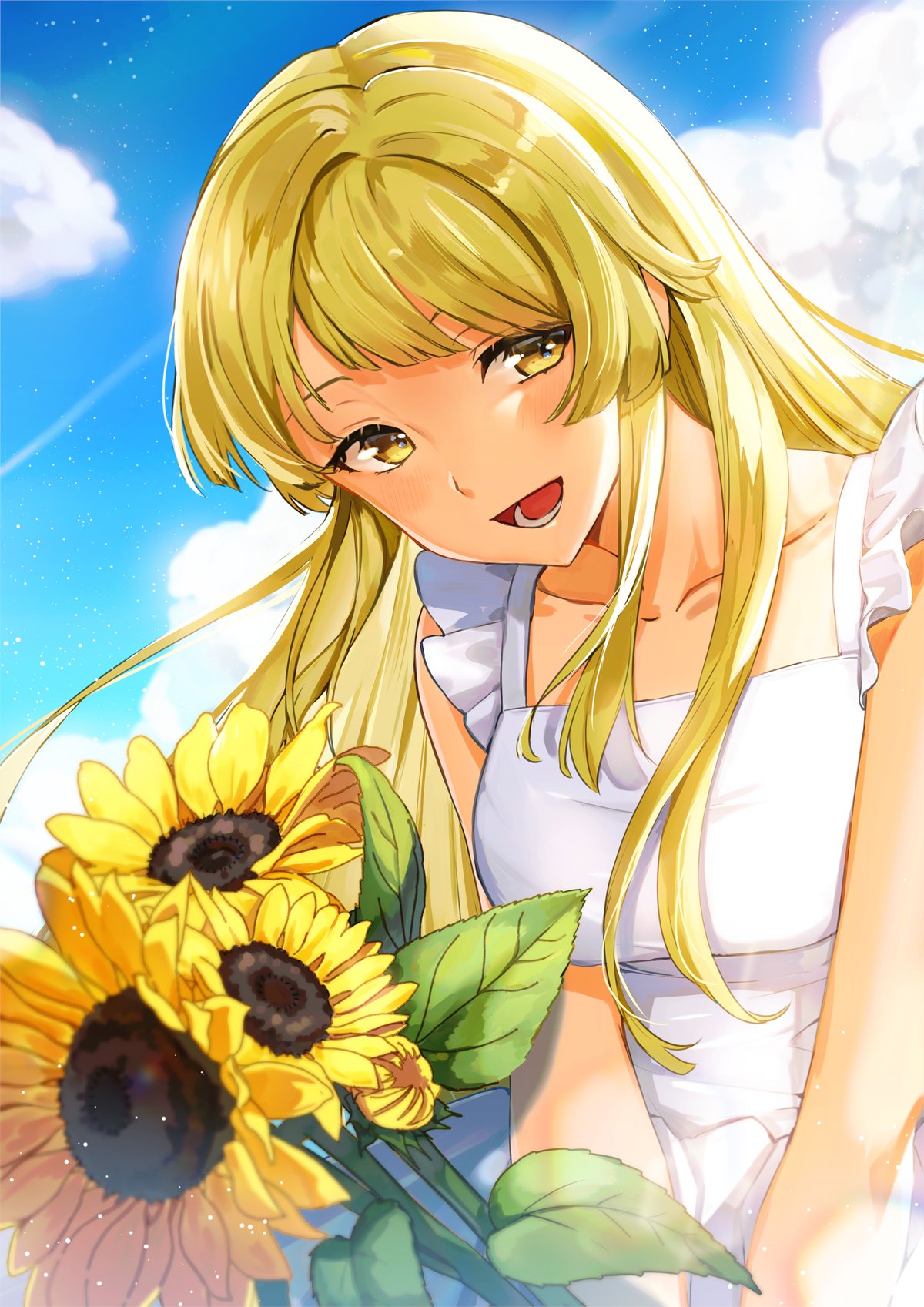 1girl :d bang_dream! bangs blonde_hair blush clouds day dress eyebrows_behind_hair flower frilled_straps highres holding holding_flower leaning_forward long_hair looking_to_the_side open_mouth outdoors sidelocks sky smile solo sundress sunflower swept_bangs symbol_commentary tiny_(tini3030) tsurumaki_kokoro upper_body white_dress yellow_eyes