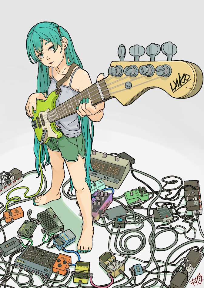 1girl :p alternate_costume amplifier_(instrument) bangs bare_arms bare_legs bare_shoulders barefoot cable camisole casual cellphone closed_mouth collarbone drawstring electric_guitar electric_plug fingernails foreshortening full_body green_eyes green_hair green_nails guitar half-closed_eyes hatsune_miku head_tilt holding holding_instrument instrument long_hair looking_at_viewer nail_polish parted_bangs phone shima_(landsuzume) shorts smartphone solo sweat toenails toes tongue tongue_out twintails very_long_hair vocaloid