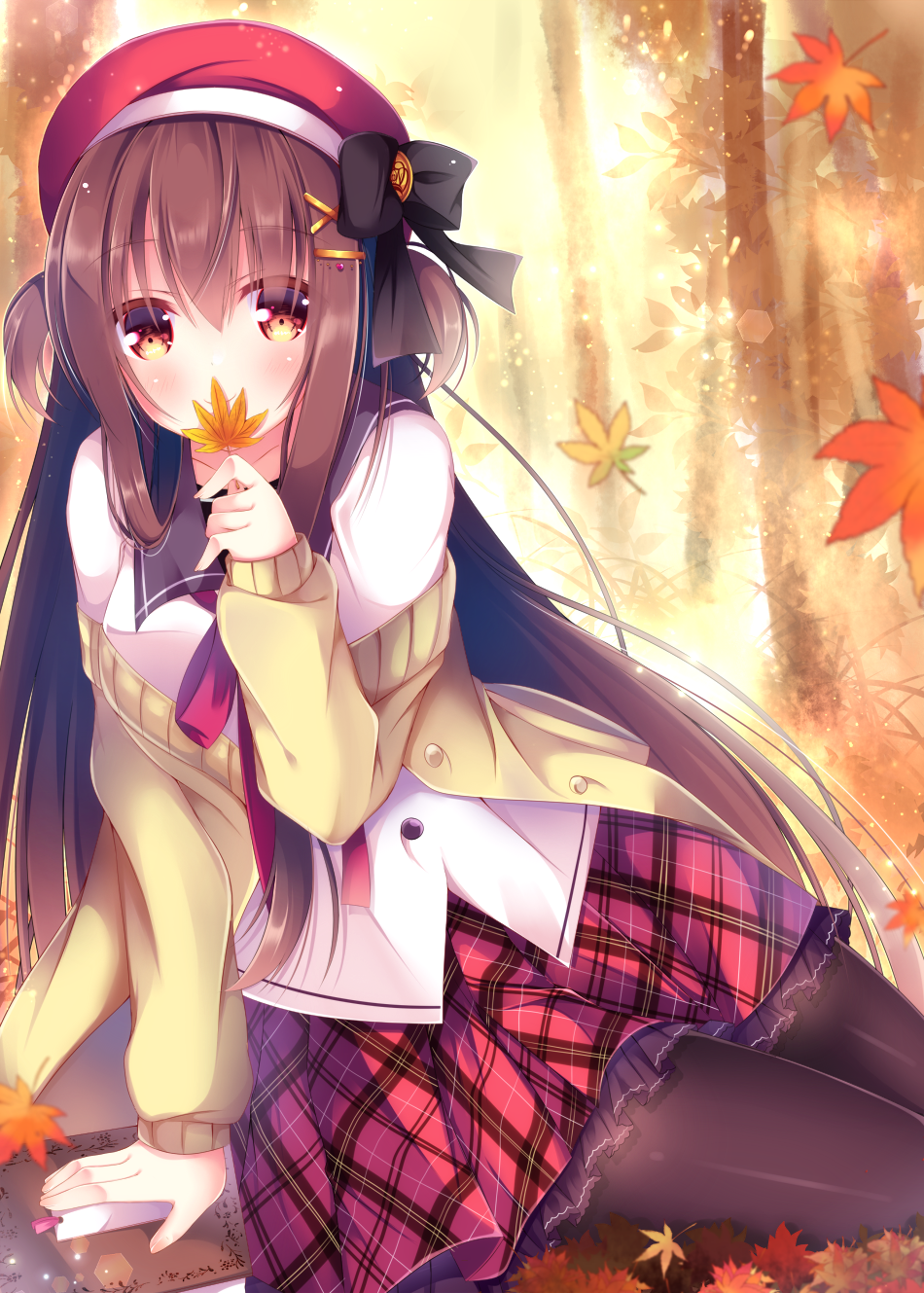 1girl arm_support autumn_leaves bangs beret black_bow black_legwear black_sailor_collar bow brown_hair brown_jacket commentary_request covered_mouth day eyebrows_visible_through_hair hair_between_eyes hair_ornament hairclip hand_up hat hat_bow highres holding holding_leaf jacket leaf long_hair long_sleeves looking_at_viewer maple_leaf mizuse_sakua off_shoulder open_clothes open_jacket original outdoors pantyhose plaid plaid_skirt pleated_skirt red_eyes red_headwear red_skirt sailor_collar school_uniform serafuku shirt skirt sleeves_past_wrists solo tree twintails very_long_hair white_shirt x_hair_ornament