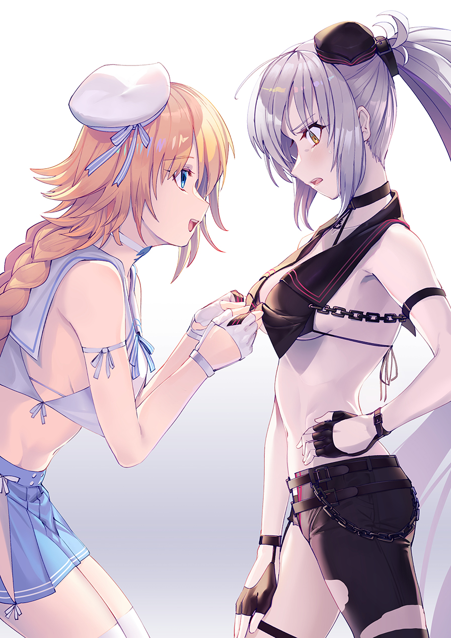 2girls :d asymmetrical_shorts bangs beret black_gloves black_headwear black_sailor_collar black_shirt black_shorts blonde_hair blue_eyes blue_skirt braid breasts brown_eyes commentary_request crop_top eye_contact eyebrows_visible_through_hair fate/grand_order fate_(series) fingerless_gloves from_side gloves gradient gradient_background grey_background hair_between_eyes hand_on_hip hat highres jeanne_d'arc_(alter)_(fate) jeanne_d'arc_(fate) jeanne_d'arc_(fate)_(all) long_hair looking_at_another medium_breasts midriff mini_hat multiple_girls navel open_mouth pleated_skirt ponytail profile sailor_collar shirt short_shorts shorts sidelocks single_braid skirt sleeveless sleeveless_shirt smile soupchan upper_teeth very_long_hair white_background white_headwear white_sailor_collar white_shirt