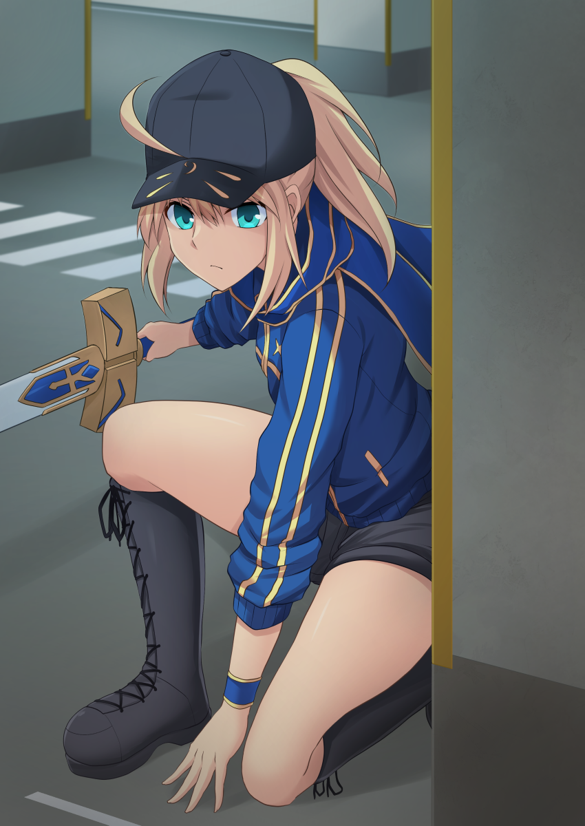 1girl ahoge artoria_pendragon_(all) bangs baseball_cap black_footwear black_headwear black_shorts blonde_hair blue_eyes blue_jacket blue_scarf boots breasts closed_mouth commentary_request cross-laced_footwear cross_(crossryou) excalibur fate/grand_order fate_(series) from_side full_body hair_between_eyes hat highres holding holding_sword holding_weapon jacket knee_boots lace-up_boots long_hair long_sleeves looking_at_viewer mysterious_heroine_x one_knee pillar ponytail scarf short_shorts shorts sidelocks solo sword track_jacket weapon