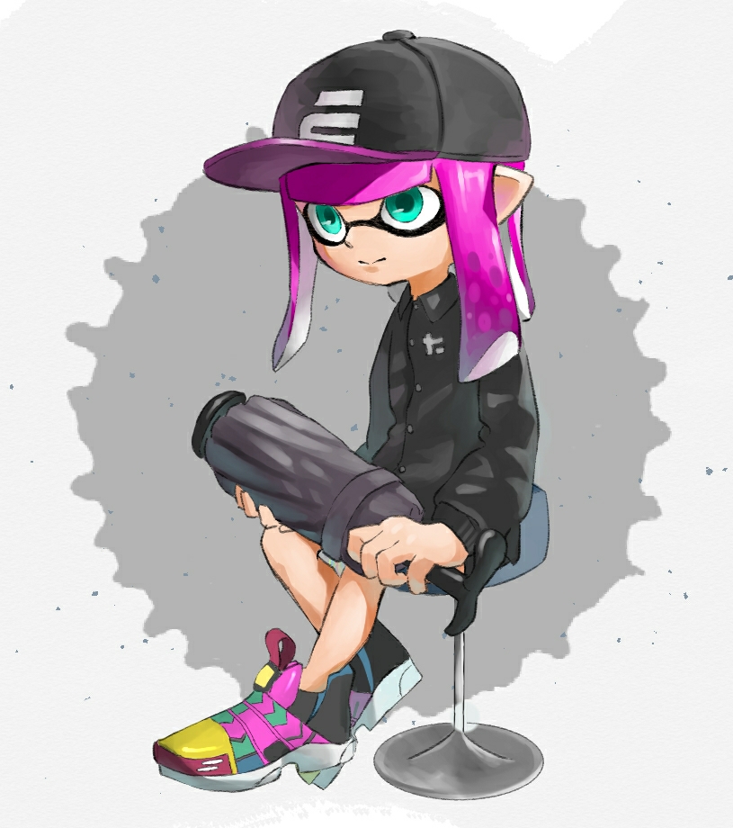 1girl aqua_eyes baseball_cap black_headwear closed_umbrella domino_mask grey_umbrella hat holding holding_umbrella inkling long_hair long_sleeves mask multicolored_footwear nishikuromori pointy_ears purple_hair shoes sitting solo splat_brella_(splatoon) splatoon_(series) splatoon_2 stool tentacle_hair umbrella