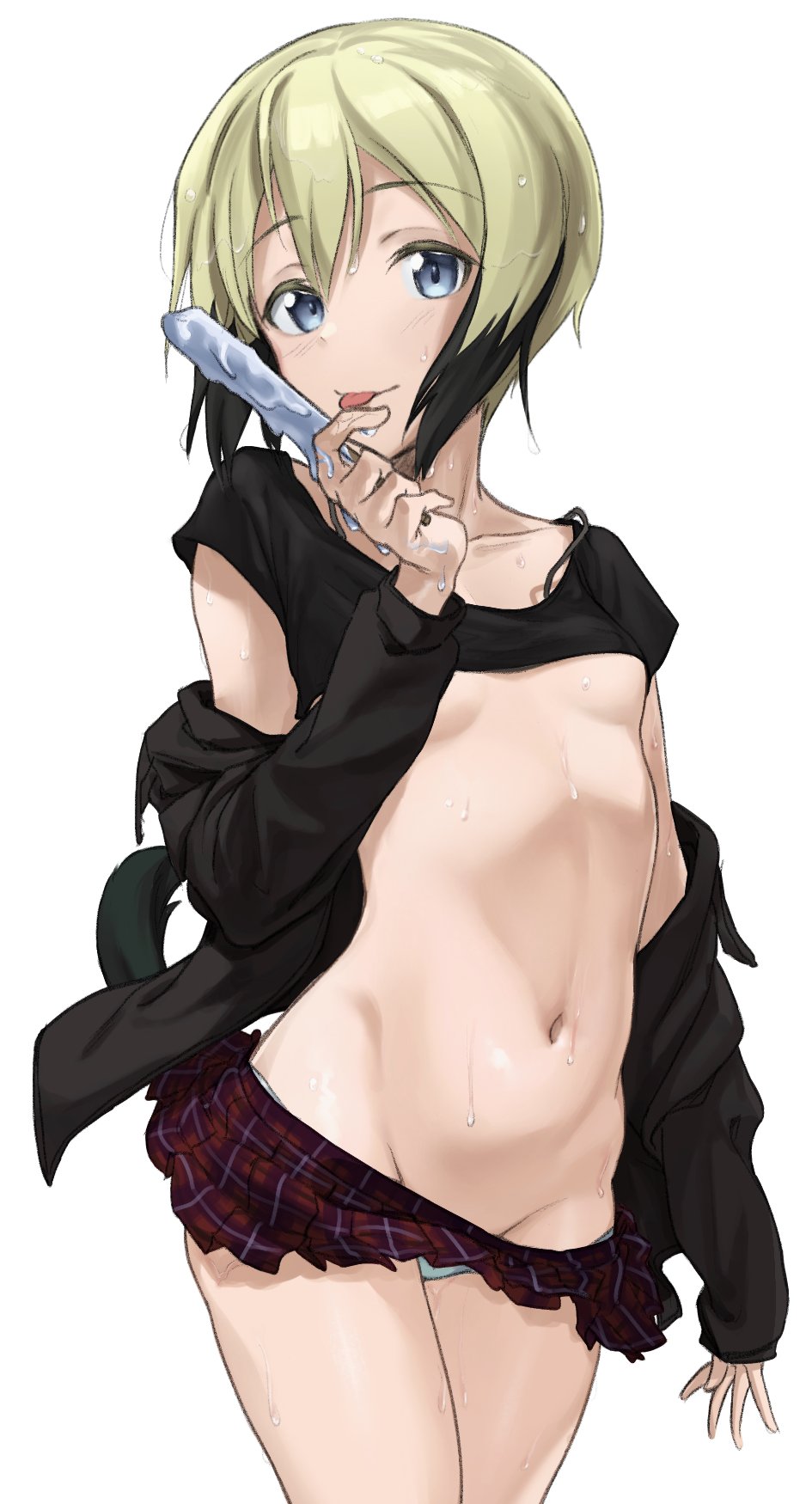 1girl black_shirt blonde_hair blue_eyes blush bra_strap breasts collarbone dog_tail erica_hartmann eyebrows_visible_through_hair fankupl food groin highres looking_at_viewer microskirt navel panties popsicle shiny shiny_hair shirt short_hair simple_background skirt small_breasts smile solo standing strike_witches tail tongue tongue_out under_boob underwear wet wet_hair white_background white_panties world_witches_series