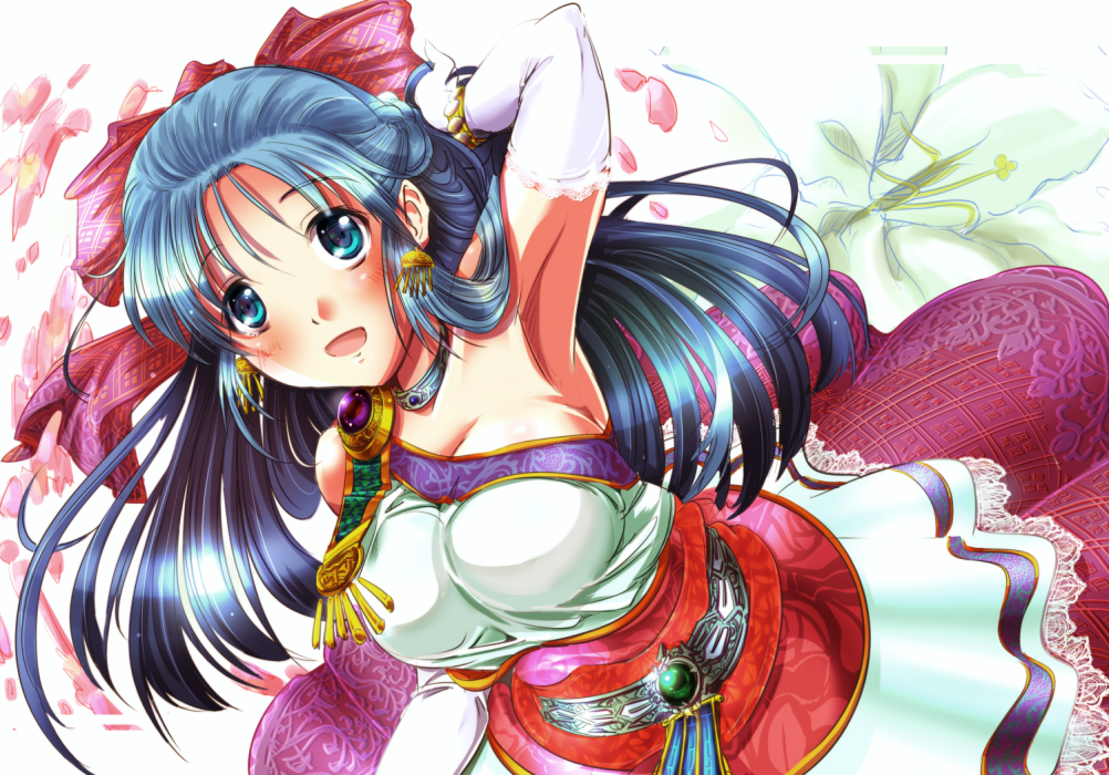 1girl b_dome blue_eyes blue_hair blush bow breasts dragon_quest dragon_quest_v dress earrings elbow_gloves flora_(dq5) flower gloves hair_bow half_updo hand_in_hair impossible_clothes impossible_dress jewelry large_breasts long_hair open_mouth petals pink_bow smile solo white_gloves