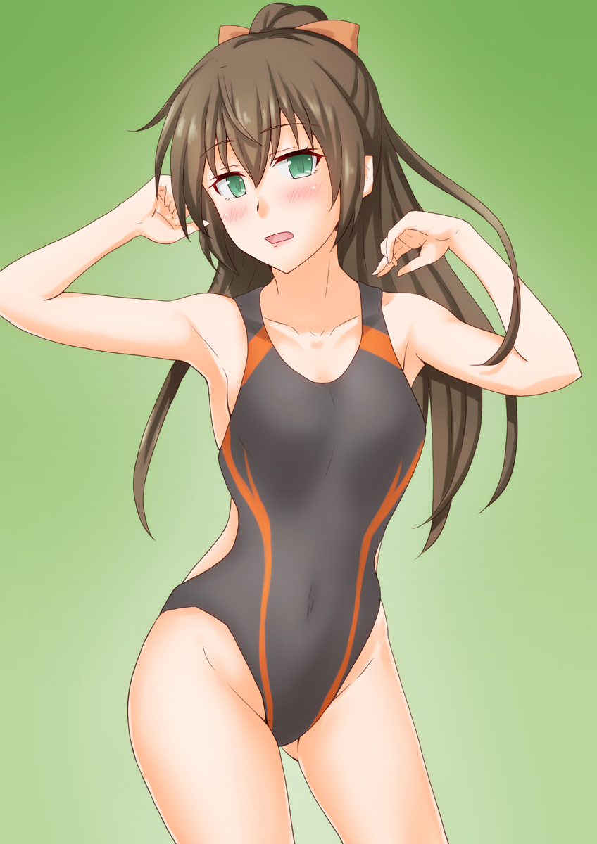 1girl anti_(untea9) armpits bangs black_swimsuit blue_eyes brown_hair brown_ribbon collarbone competition_swimsuit eyebrows_visible_through_hair gradient gradient_background green_background hair_between_eyes hair_ribbon highres kantai_collection kumano_(kantai_collection) long_hair looking_at_viewer one-piece_swimsuit ponytail ribbon solo swimsuit