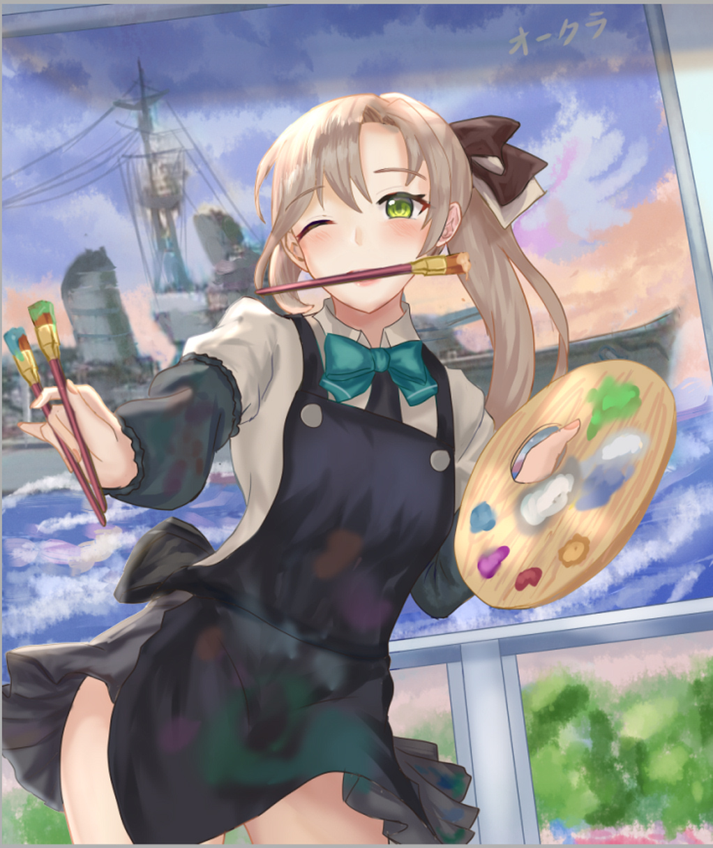 1girl akigumo_(destroyer) akigumo_(kantai_collection) apron blazer brown_hair commentary_request green_eyes hair_ribbon highres holding holding_paintbrush jacket kantai_collection long_hair looking_at_viewer mouth_hold om10 one_eye_closed paintbrush painting_(object) palette pleated_skirt ponytail remodel_(kantai_collection) ribbon school_uniform skirt solo
