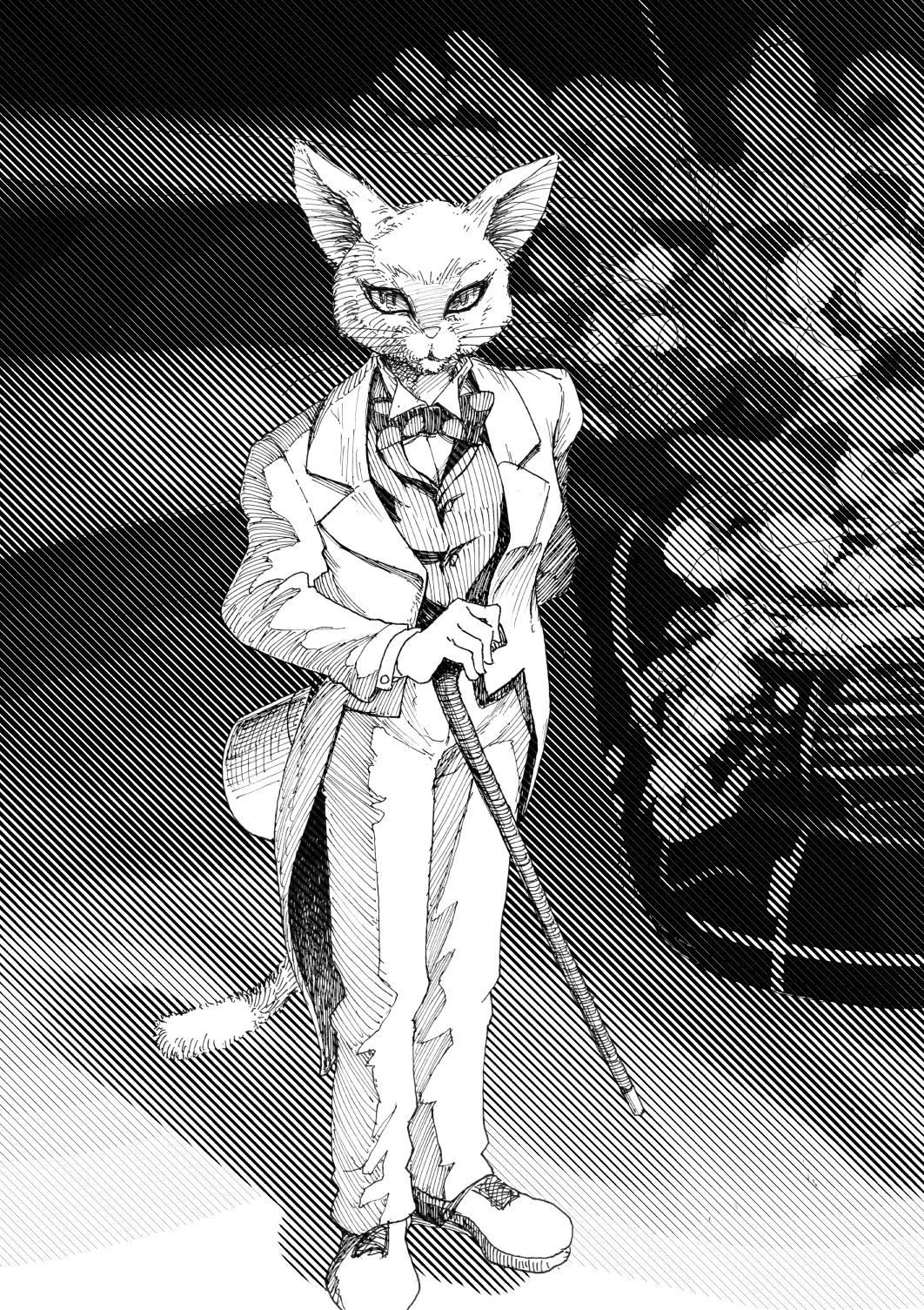 1boy animal_ears arm_behind_back bow bowtie cane cat_boy cat_ears cat_tail closed_mouth cluseller collared_shirt commentary english_commentary engrish_commentary formal full_body furry greyscale hand_up hat headwear_removed highres holding jacket looking_at_viewer male_focus monochrome neko_no_ongaeshi pants shirt shoes solo standing studio_ghibli suit tail tailcoat the_baron top_hat whiskers