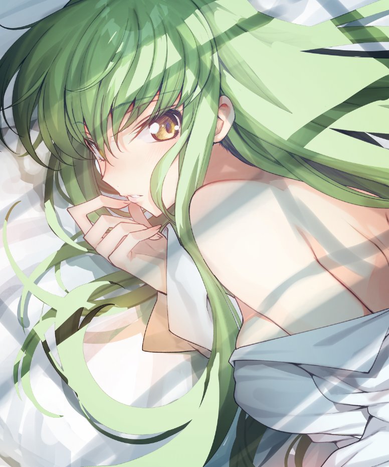 1girl c.c. code_geass commentary_request creayus eyebrows_visible_through_hair finger_to_mouth green_hair long_hair looking_at_viewer off_shoulder shirt shoulder_blades shoulders solo yellow_eyes