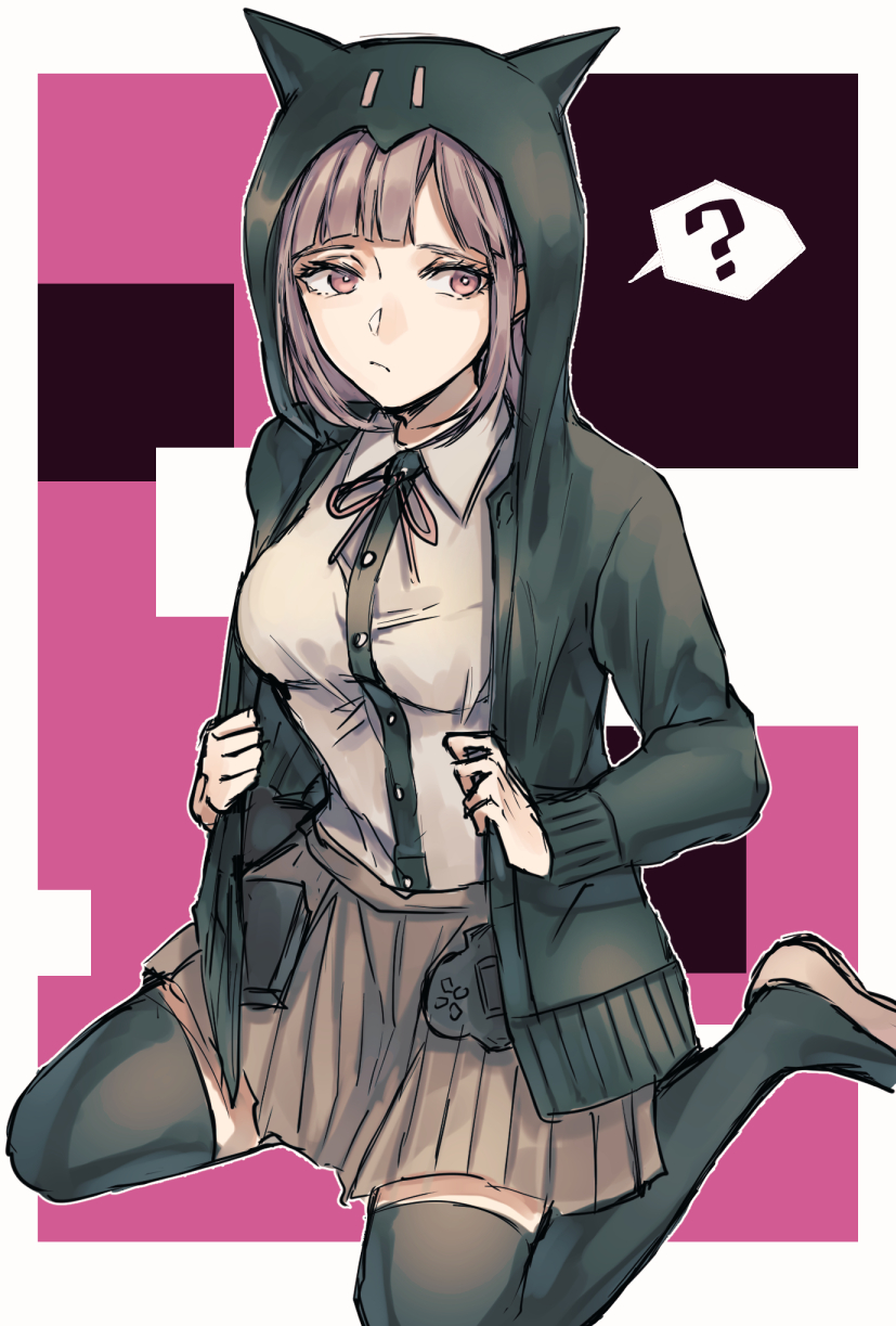 1girl ? animal_ears bag bangs black_background black_legwear black_skirt border breasts brown_hair brown_skirt cat_ears collared_shirt commentary_request dangan_ronpa dress_shirt fake_animal_ears frown grey_shirt hair_ornament handheld_game_console highres hood hooded_jacket hoodie jacket long_sleeves looking_at_viewer medium_breasts medium_hair miniskirt multicolored multicolored_background nanami_chiaki open_clothes open_jacket pink_background pink_eyes pink_footwear pleated_skirt ribbon rinkuruto shirt shirt_tucked_in shoes sitting sketch skirt solo spoken_question_mark super_dangan_ronpa_2 thigh-highs wariza white_border zettai_ryouiki