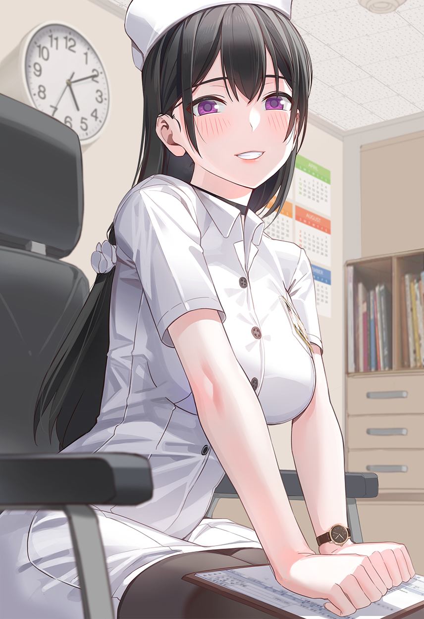 1girl bangs black_hair blush bookshelf breasts calendar_(object) chair choker clipboard clock commentary_request hat highres id_card kfr large_breasts long_hair looking_at_viewer nurse nurse_cap original pantyhose scrunchie sitting sitting_on_object smile solo uniform violet_eyes watch
