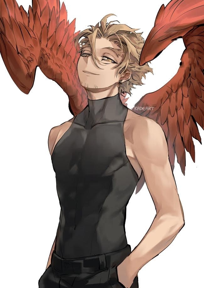 1boy angel angel_wings artist_name bangs bare_arms bare_shoulders black_pants black_shirt black_tank_top blonde_hair boku_no_hero_academia commentary covered_navel cowboy_shot earrings feathered_wings feathers hand_in_pocket hand_on_hip hawks_(boku_no_hero_academia) jewelry kadeart looking_at_viewer male_focus pants shirt simple_background sleeveless sleeveless_turtleneck solo tank_top turtleneck upper_body white_background wings yellow_eyes