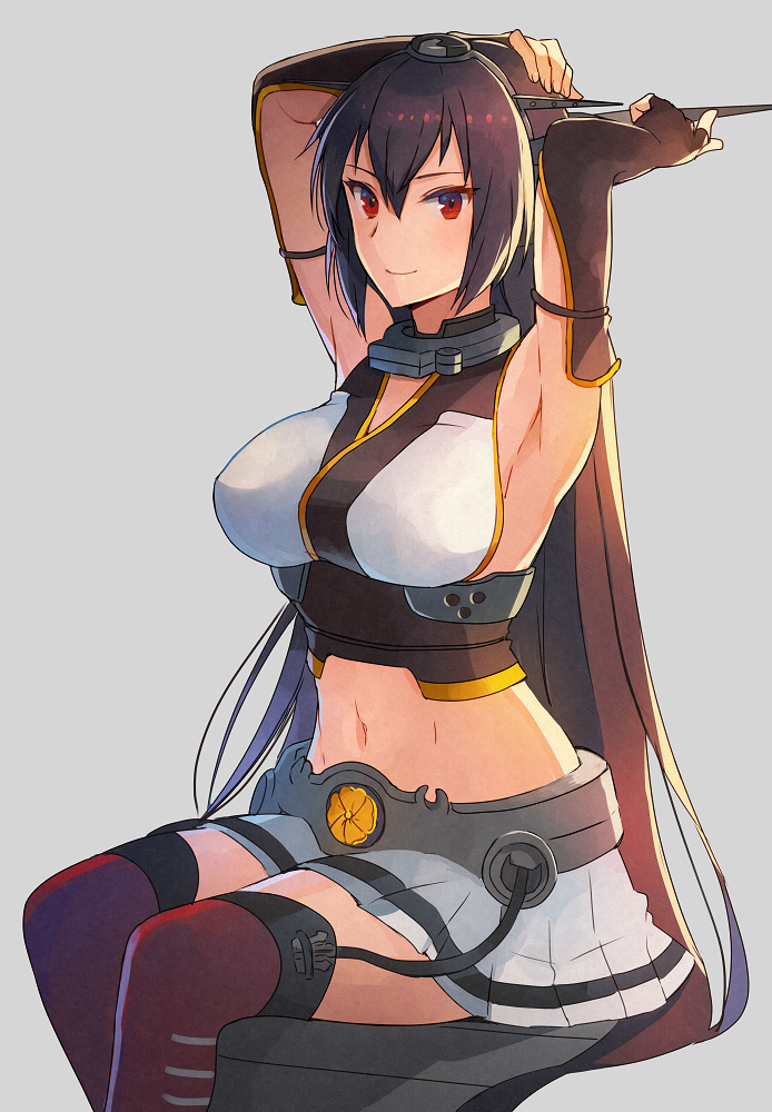 1girl armpits black_gloves black_hair breasts closed_mouth elbow_gloves eyebrows_visible_through_hair feet_out_of_frame fingerless_gloves gloves grey_background hair_between_eyes headgear kantai_collection kasumi_(skchkko) large_breasts long_hair nagato_(kantai_collection) pleated_skirt red_eyes red_legwear simple_background skirt smile solo thigh-highs white_skirt