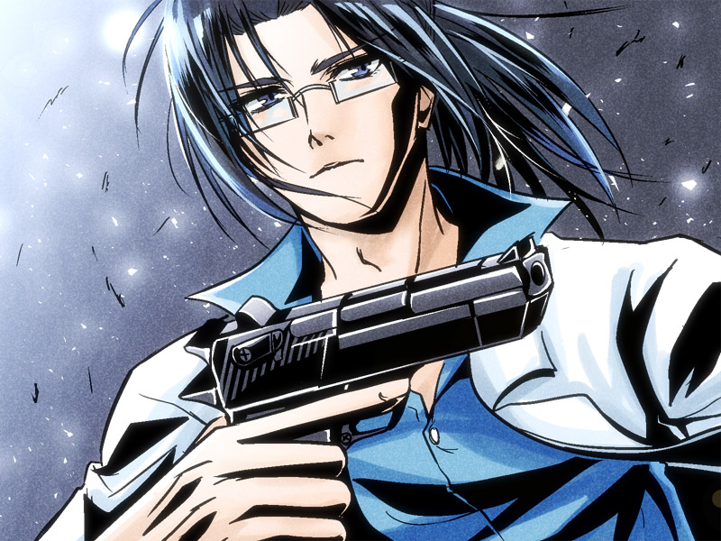 1boy bishounen black_hair blue_shirt gibiate glasses grey_background gun hair_intakes holding holding_gun holding_weapon labcoat long_hair looking_at_viewer male_focus outdoors shirt simple_background sob303 solo upper_body weapon yoshinaga-hakase