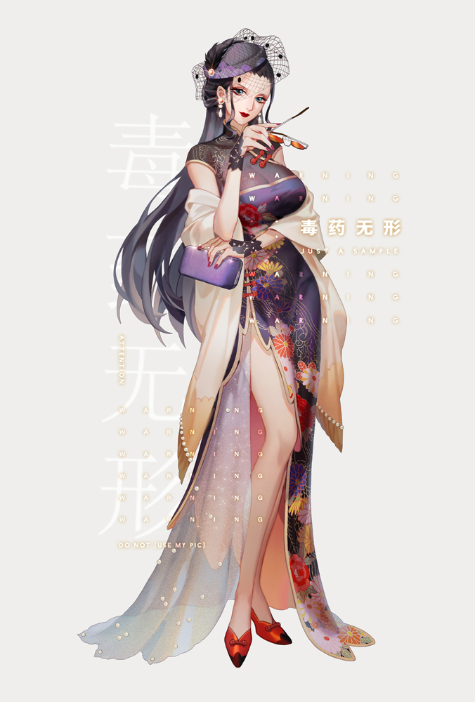 1girl black_hair blue_eyes breasts china_dress chinese_clothes dress dywx_poison earrings eyewear_removed floral_print full_body hat holding holding_eyewear holding_purse huge_breasts jewelry lipstick long_hair looking_at_viewer makeup nico_robin one_piece purple_dress red_footwear shawl side_slit simple_background sleeveless smile solo