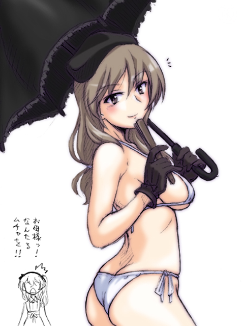 /\/\/\ 2girls ass beret bikini black_gloves black_headwear black_umbrella breasts brown_eyes brown_hair closed_mouth commentary_request eyebrows_visible_through_hair fan folding_fan girls_und_panzer gloves hair_tie hat holding holding_fan holding_umbrella long_hair looking_at_another looking_at_viewer low-tied_long_hair mature medium_breasts mother_and_daughter multiple_girls notice_lines oosaka_kanagawa shimada_arisu shimada_chiyo side-tie_bikini simple_background skindentation smile standing string_bikini swimsuit translated umbrella white_background white_bikini