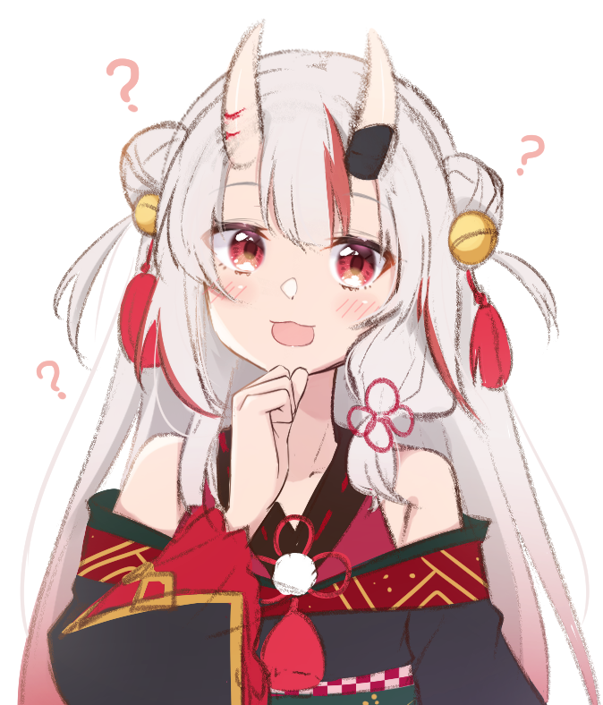 1girl :d ? bangs bare_shoulders bell black_kimono blush commentary_request double_bun eyebrows_visible_through_hair grey_hair hair_bell hair_ornament hand_up hololive horns hot_kakigoori japanese_clothes jingle_bell kimono long_hair long_sleeves looking_at_viewer multicolored_hair nakiri_ayame off_shoulder oni oni_horns open_mouth red_eyes redhead ribbon_trim simple_background smile solo streaked_hair two_side_up upper_body virtual_youtuber white_background wide_sleeves