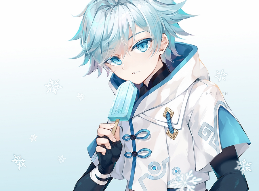 1boy artist_name black_gloves blue_eyes blue_hair chongyun_(genshin_impact) eating eyebrows_visible_through_hair fingernails food genshin_impact gloves gradient gradient_background holding holding_food hollyyn light_blue_hair male_focus popsicle snowflakes solo upper_body