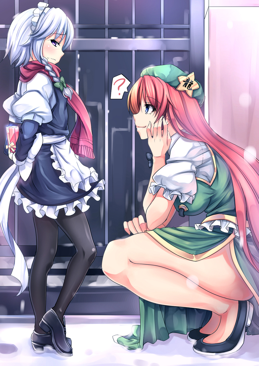 2girls blue_eyes blush bow braid china_dress chinese_clothes collarbone dress facing_another gift green_bow hair_bow hat hat_bow height_difference highres hong_meiling izayoi_sakuya kinntarou long_hair maid maid_headdress multiple_girls pantyhose redhead sideways_mouth silver_hair squatting tall_female touhou twin_braids very_long_hair violet_eyes yuri