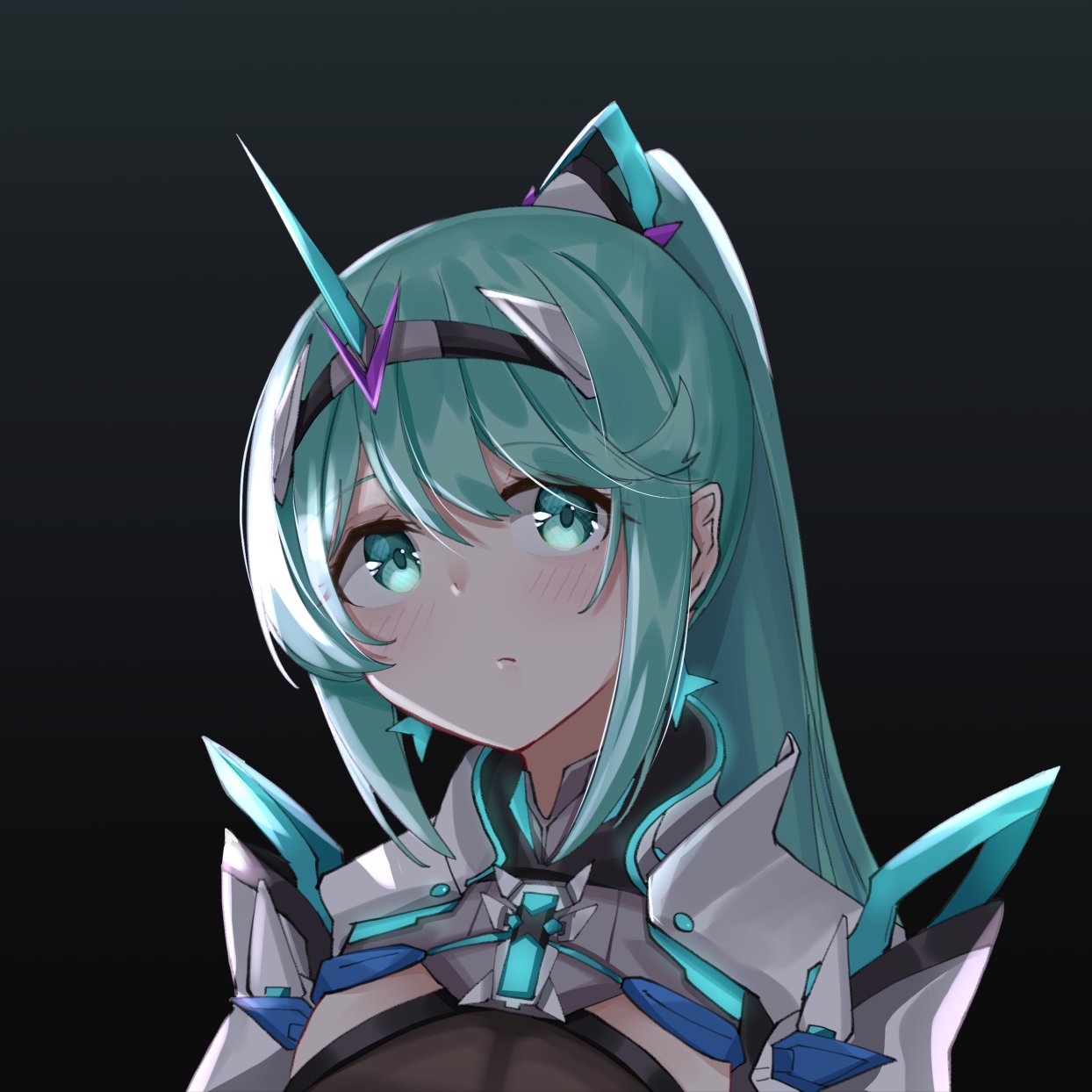 1girl bangs black_background chest_jewel earrings gradient gradient_background green_eyes green_hair highres jewelry long_hair long_ponytail pneuma_(xenoblade) ponytail portrait sarasadou_dan solo swept_bangs tiara xenoblade_chronicles_(series) xenoblade_chronicles_2