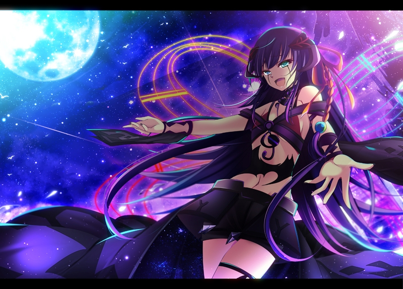 1girl aqua_eyes bangs bare_shoulders black_nails bra breasts cowboy_shot duel_monster facepaint floating_hair hair_ornament hair_ribbon knightmare_corruptor_iblee letterboxed long_hair midriff moon nail_polish natsumikan navel open_hands open_mouth outstretched_arms purple_hair ribbon shorts shorts_under_skirt sideboob skirt solo star_(sky) thigh_strap underwear very_long_hair waist_cape wrist_cuffs wrist_ribbon yu-gi-oh!
