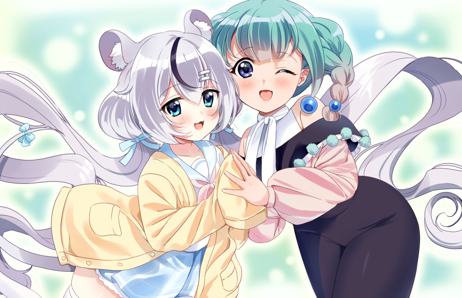 2girls :3 absurdly_long_hair animal_ears baudelair blue_eyes blue_hair bow braid curly_hair grey_hair hair_bow holding_hands jacket jacket_on_shoulders long_hair mouse_ears mouse_girl multicolored_hair multiple_girls nezuminemurin one_eye_closed oversized_clothes school_uniform shulliy shulliyllust streaked_hair twin_braids twintails very_long_hair violet_eyes virtual_youtuber