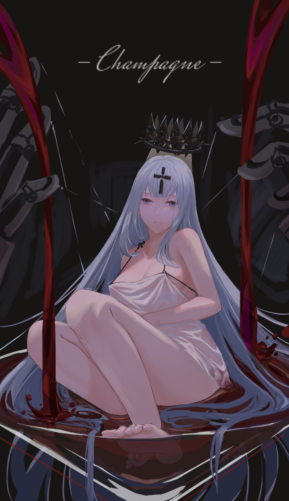 1girl absurdly_long_hair azur_lane bare_shoulders barefoot blue_eyes blue_hair breasts champagne_(azur_lane) character_name cross cross_hair_ornament crown floating_headgear full_body hair_ornament liquid long_hair looking_at_viewer mechanical_hands medium_breasts olin_(nienxddd) partially_submerged shirt_overhang sitting soles solo string toes very_long_hair