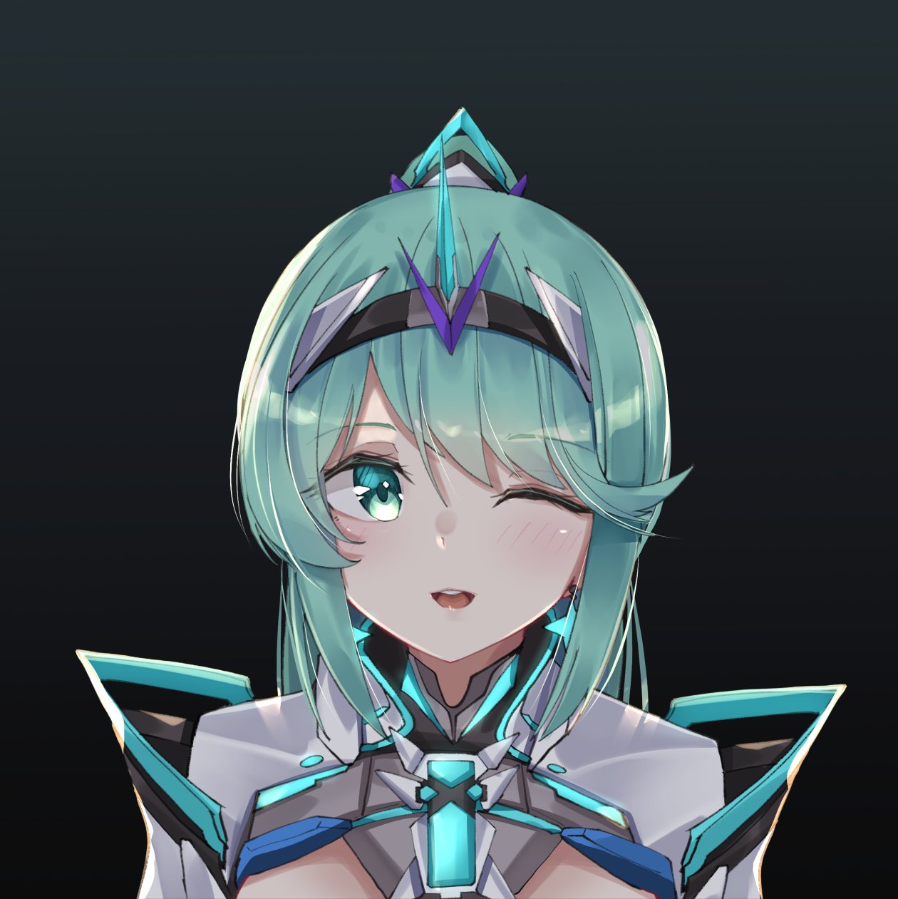 1girl :d bangs black_background chest_jewel earrings gradient gradient_background green_background green_eyes green_hair highres jewelry long_hair long_ponytail looking_at_viewer one_eye_closed open_mouth pneuma_(xenoblade) ponytail portrait sarasadou_dan smile solo swept_bangs tiara xenoblade_chronicles_(series) xenoblade_chronicles_2